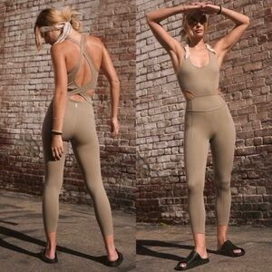 Free people back it up onesie Pilates yoga workout in sage beige